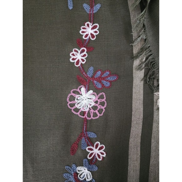 Isa & Stef Womens Embroidered Scarf Wrap Viscose Military Green Fringe 24"x74" - Picture 6 of 8